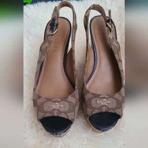Coach Brown Peep-Toe Slingback Wedges